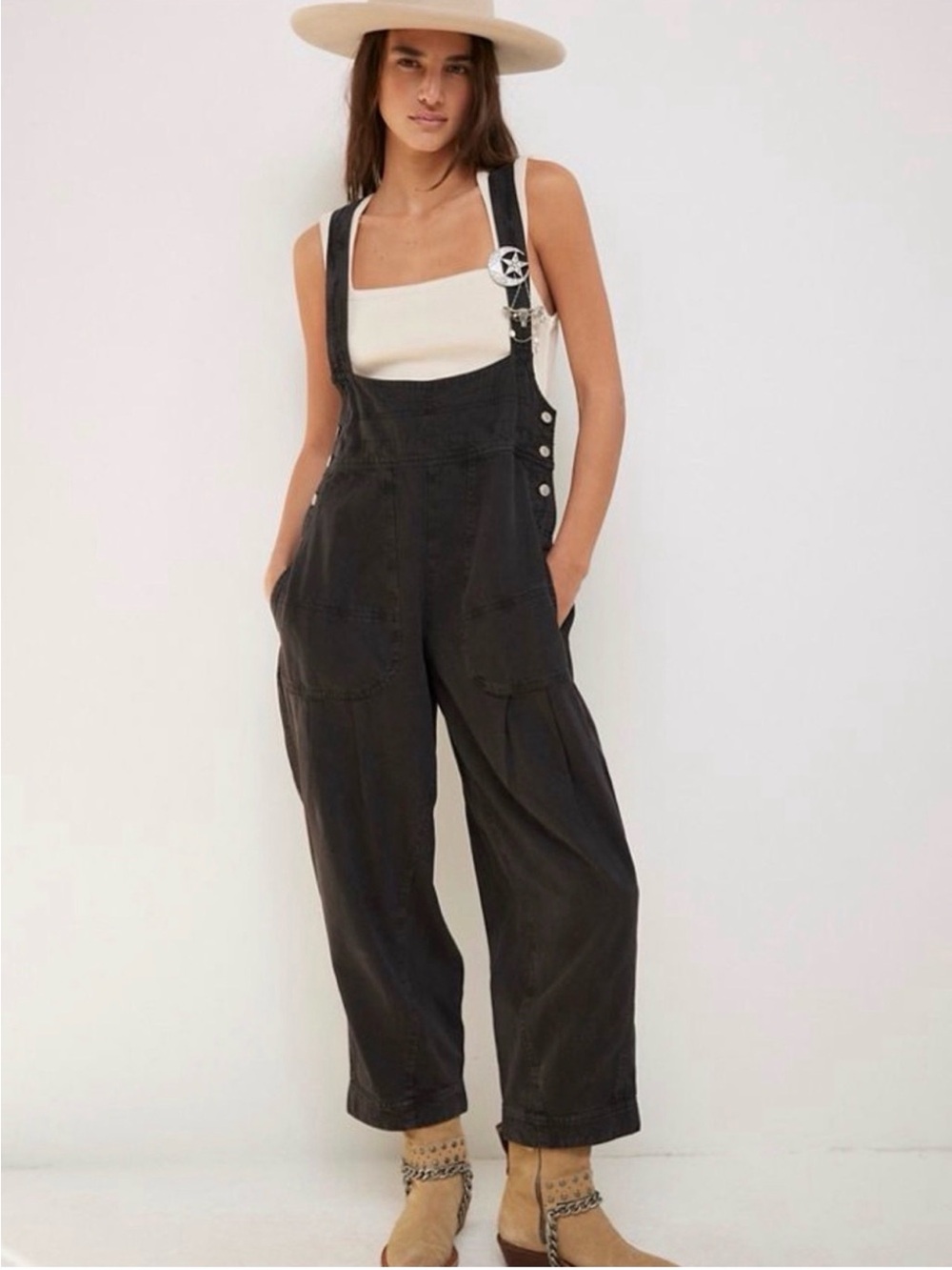 🖤 We The Free Felix Tapered Overalls Black Cotton Linen Blend M